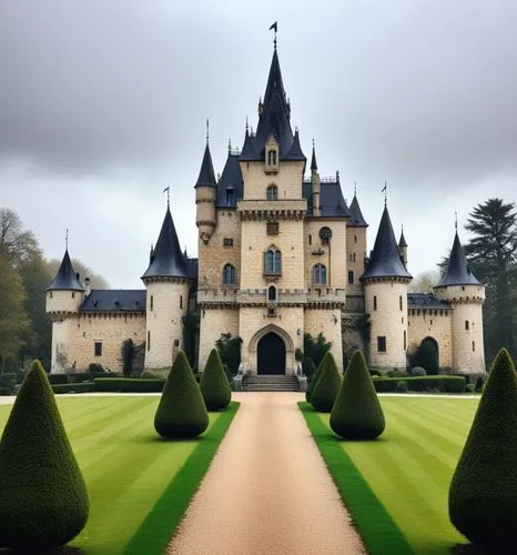 Modifier le château pour en faire celui d’un méchant Prince des Ténèbres. ,this is an image of a castle with gardens and a path to it,dunrobin castle,fairytale castle,fairy tale castle,lugou,hohenzoll