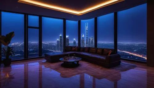 sky apartment,penthouses,great room,luxe,blue room,livingroom,glass wall,apartment lounge,dubai,above the city,living room,skyloft,modern room,high rise,nightscape,modern decor,vdara,damac,night lights,dubia,Conceptual Art,Oil color,Oil Color 16