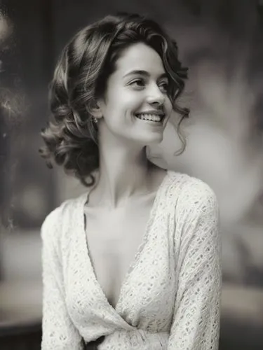 B&W photo of a nice smiling female,a woman smiling and wearing a white blouse,rampling,cotillard,hande,ingrid bergman,vintage woman,tunney,Photography,Black and white photography,Black and White Photo