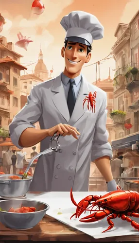 Envision a romantic comedy where Inspector Gadget, a clumsy but endearing character, attempts to win the heart of a beautiful yet elusive crayfish chef.,shrimp inspector gadget crayfish,shrimp inspect