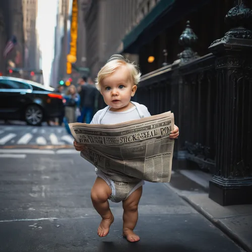 A blonde baby in a diaper and with a stock market newspaper in his hand walks across Wall Street in New York,blonde woman reading a newspaper,newspaper delivery,newspapers,blonde sits and reads the ne