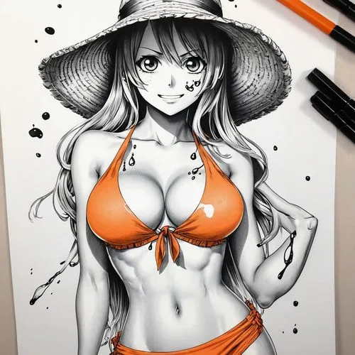 nami,straw hat,one-piece swimsuit,sun hat,summer hat,one piece,copic,summer swimsuit,mikuru asahina,onepiece,straw hats,coconut hat,mock sun hat,anime 3d,summer line art,pencil drawing,mai tai,high sun hat,charcoal pencil,anime girl,Illustration,Black and White,Black and White 34