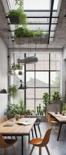 Modern Evan Raabe Architecture Studio, minimalist interior design, wooden tables, ergonomic chairs, large windows, natural light, greenery, potted plants, abstract art pieces, sleek laptops, scattered