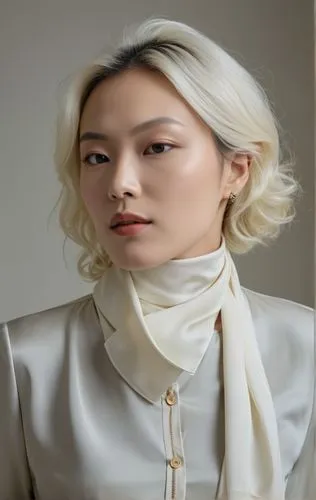 a woman with short blond hair and wearing a white blouse,tonghe,yohji,hanbok,zhaowen,kunqu,maxmara,Photography,General,Realistic