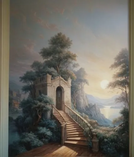 church painting,the threshold of the house,eckankar,outside staircase,wall painting,stairway,entryway,wall decoration,heaven gate,stairwell,rivendell,home landscape,staircase,frederic church,hallway,stairway to heaven,lachapelle,heavenly ladder,stairs to heaven,stairwells,Illustration,Realistic Fantasy,Realistic Fantasy 27
