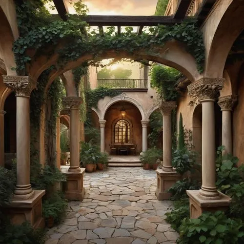 courtyards,cloister,courtyard,cloisters,inside courtyard,patio,pergola,kykuit,monastery garden,archways,patios,cloistered,cortile,loggia,alhambra,arches,orangery,giardino,arcaded,tuscan,Conceptual Art,Fantasy,Fantasy 34