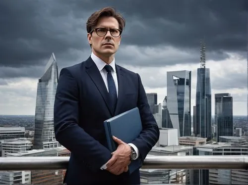 Middle-aged male architect, Chelmsford style, wearing black-framed glasses, short brown hair, formal attire, white shirt, dark blue tie, grey suit, holding a large portfolio, standing in front of a mo