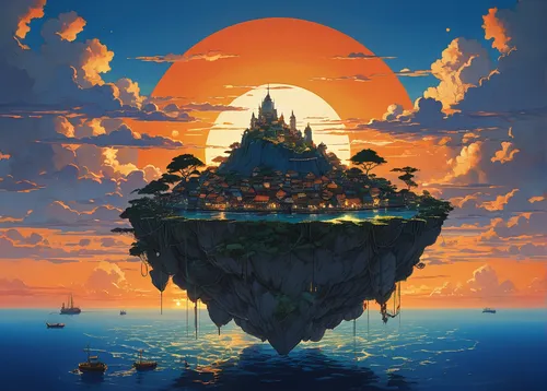 floating island,mushroom island,island suspended,islet,flying island,floating islands,studio ghibli,island,the island,delight island,an island far away landscape,islands,house of the sea,fantasy landscape,isle,fantasy world,monkey island,bird kingdom,artificial island,3d fantasy,Illustration,Japanese style,Japanese Style 14