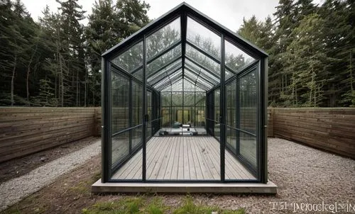 A green house with dark grey steel structure and glass windows in the forest,mirror house,glass roof,frame house,structural glass,greenhouse cover,glass pyramid,hahnenfu greenhouse,cubic house,greenho