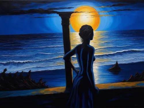 Moonlit Serenity by the Sea ,Passion Sexy Painting ,Naked Woman  Abstract Body Art Oil Painting
,blue moon,woman silhouette,oil painting on canvas,dubbeldam,oil painting,blue painting,oshun,mermaid si