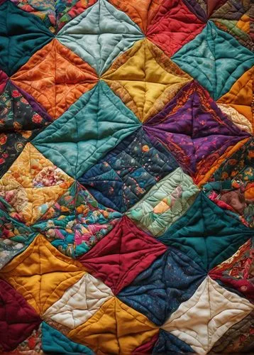 Quilt-like patchwork, colorful fabric pieces, irregular shapes, stitched together, vibrant threads, soft texture, worn edges, faded colors, vintage style, laid out on a wooden table, natural light, wa