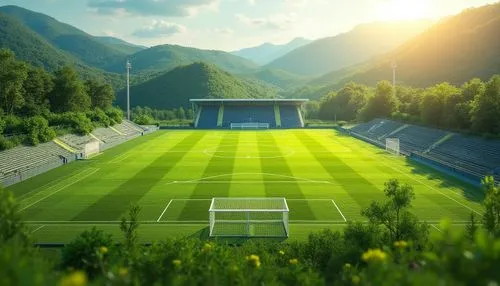 Natural sports fields, lush green grass, rolling hills, serene surroundings, athletic tracks, soccer goals, tennis courts, basketball hoops, volleyball nets, spectator stands, modern stadium architect