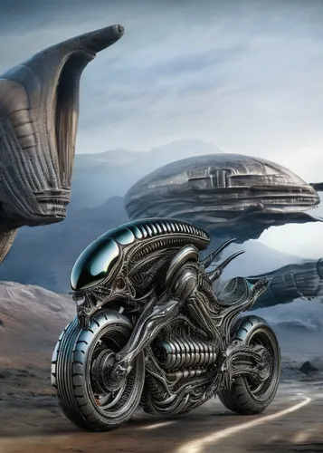 The camera slowly zooms out, slow motion speed,an artfully designed picture of a futuristic motorcycle in the desert,giger,vehicule,alien ship,xenomorph,extraterrestrial life,vehiculos