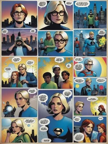 Design a fun comic page for a youth magazine.,an image of the comic page for the tv series,comic speech bubbles,comic characters,speech bubbles,superhero comic,comic bubbles,jsa,Illustration,Vector,Ve