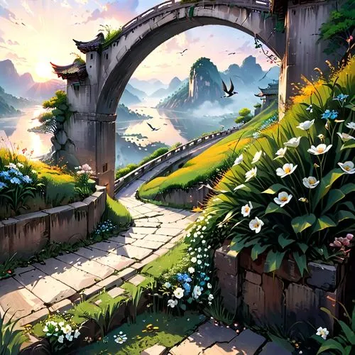 dragon bridge,fantasy landscape,scenic bridge,tunnel of plants,watercolor background,adventure bridge,pathway,gateway,bridge,gondolin,heaven gate,archway,skylands,angel bridge,archways,walkway,rainbow bridge,stone bridge,bridge arch,wander