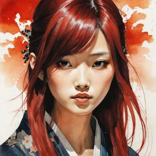 red-haired,japanese woman,girl portrait,red ginger,oriental girl,geisha girl,nami,japanese art,chinese art,geisha,sakura,asian woman,fantasy portrait,mystical portrait of a girl,digital painting,maki,world digital painting,koi,mulan,red head,Illustration,Paper based,Paper Based 07