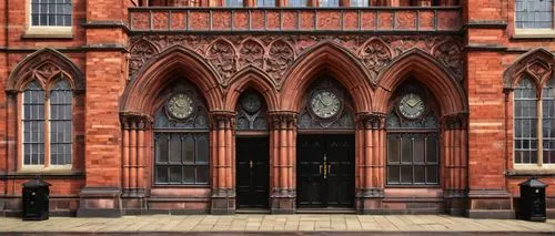 Wigan town hall, grandiose building, Victorian-era inspired, red-brick facade, ornate stone carvings, stained glass windows, clock tower, pointed arches, Gothic Revival style, intricate stonework, hea