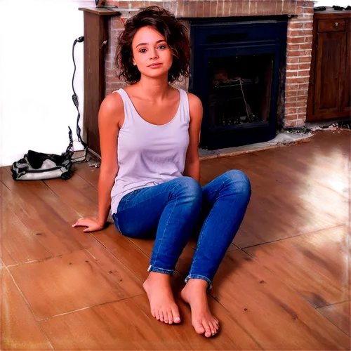 Casual girl, relaxed pose, messy hair, natural makeup, white tank top, ripped jeans, bare feet, wooden floor, soft warm lighting, cozy atmosphere, shallow depth of field, cinematic composition, panora