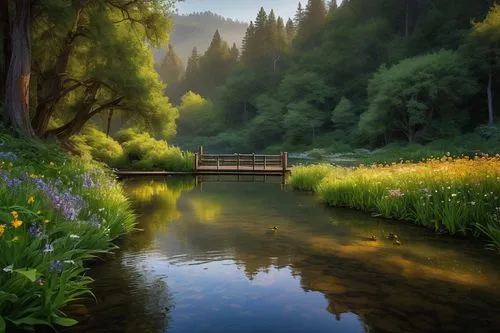 beautiful landscape,yosemite park,river landscape,meadow landscape,nature landscape,tranquility,oregon,landscape background,salt meadow landscape,landscape nature,yosemite,forest landscape,wooden bridge,mountain spring,natural scenery,log bridge,landscapes beautiful,beautiful lake,northern california,green landscape,Conceptual Art,Oil color,Oil Color 16