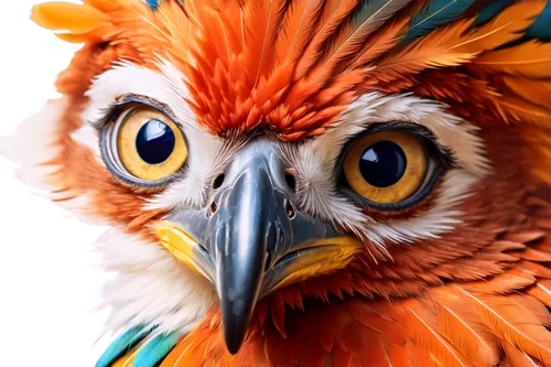 squawk,sun conure,falconet,glaucidium,bird painting,portrait of a rock kestrel,bubo,serious bird,hoatzin,orange beak,bearded vulture,tyto,portrait of a hen,gryphon,digital painting,mandarin duck portrait,puffbird,animal portrait,falconry,bird illustration,Unique,Design,Sticker