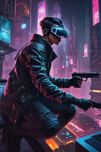 In a virtual reality cityscape, a skilled hacker utilizes their advanced hacking abilities to shoot to thrill and gain dominance in the cyberpunk world.,cyberpunk,cyber,mute,futuristic,cyber glasses,d