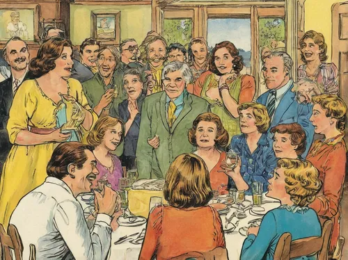 dinner party,family dinner,family gathering,the dining board,thanksgiving dinner,the conference,a party,thanksgiving,vintage illustration,long table,holy supper,social group,people talking,exclusive banquet,placemat,caper family,audience,group of people,dining,clue and white,Illustration,Retro,Retro 06