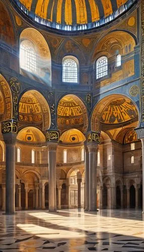 Hagia Sophia, grandeur, Byzantine architecture, majestic dome, intricate mosaics, golden light, ornate details, ancient stone walls, imposing pillars, arches, vaulted ceilings, grand entrance, intrica