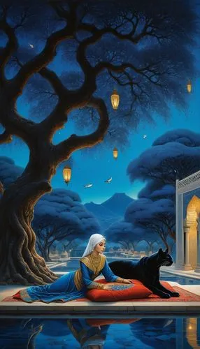 fantasy picture,night scene,nasreddin,romantic scene,inuyasha,silent night,Illustration,Realistic Fantasy,Realistic Fantasy 08