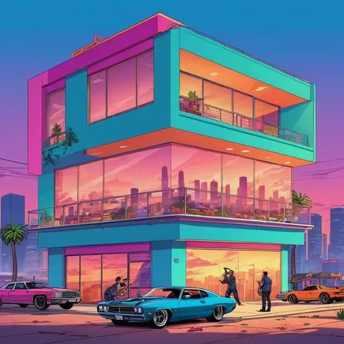 Architectural Illustration,miami,retro diner,real-estate,80's design,motel,colorful city,suburban,suburb,retro styled,los angeles,electric gas station,modern,80s,car dealer,drive in restaurant,suburbs