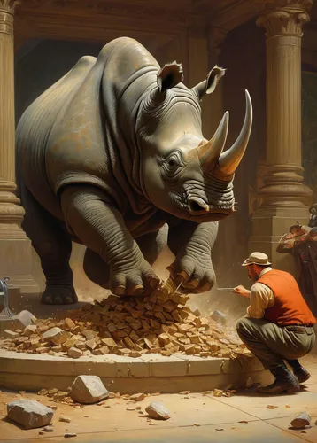 Create a funny scenario where Rhinofit accidentally destroys a valuable object.,rhinoceros,stock markets,capital markets,rhino,stock market,stock exchange,stock market collapse,bulls,old trading stock