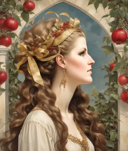 girl in a wreath,golden wreath,rose wreath,holly wreath,laurel wreath,circlet,Digital Art,Impressionism