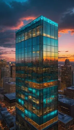 Modern skyscraper, sleek glass facade, silver metallic frame, vibrant turquoise accents, LED lights trimming the rooftop, cityscape at dusk, panoramic view, 3/4 composition, dramatic clouds, warm gold