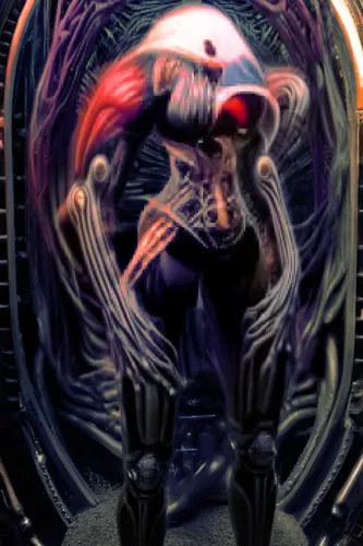 Full body painting of a female biomechanical suit of armor with digitgrade legs in the style of HR Giger, David Cronenberg,,darth talon,spawn,venom,nebula guardian,alien warrior,lopushok,biomechanical