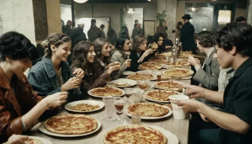 In a dystopian future, a group of rebels organizes a secret Pizzamas celebration to bring joy to the oppressed society.,the pizza,the hunger games,pizza,pizzeria,pizzas,holy supper,pizza service,thank