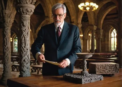 Historical architectural record continuing education, mature male professor, bespectacled, gray hair, suit, tie, white shirt, holding a scale model, standing in front of a large wooden table, surround