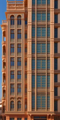 generate the image with haveli architectural ornaments on the building elevations,an apartment building made of wooden and glass,habtoor,rotana,largest hotel in dubai,emirates palace hotel,hiranandani