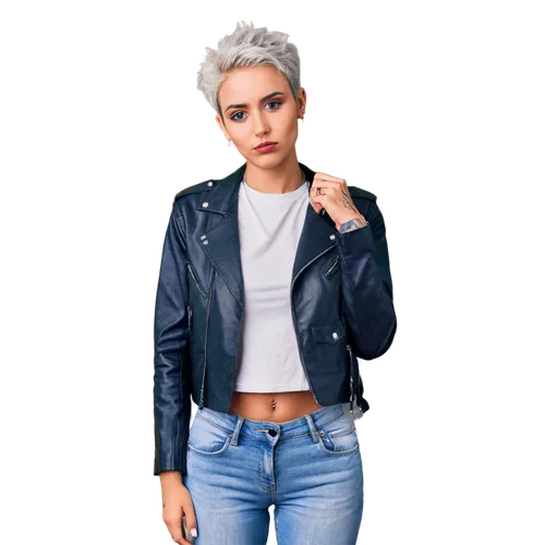 Individualist, confident pose, solo, strong facial features, short spiky hair, bold makeup, tattoos on arms, ripped denim jeans, black leather jacket, silver chain necklace, urban background, cityscap