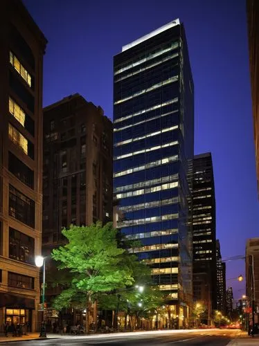 Urban cityscape, Philadelphia PA, modern architecture, glass skyscraper, steel frame, reflective windows, busy streets, people walking, cars driving, streetlights, night scene, dramatic lighting, low-