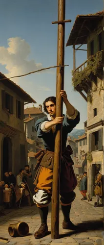 Write a suspenseful scene where a character uses a wooden pole as a weapon.,woman hanging clothes,basket weaver,winemaker,the pied piper of hamelin,quarterstaff,italian painter,gondolier,fetching wate