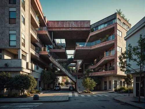 Deconstructed brutalist building, fragmented concrete structures, distressed textures, bold primary colors, clashing secondary hues, dissonant color harmony, abstract geometric patterns, fractured lig