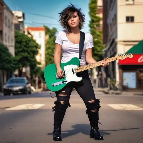 A 20-ish girl with a thick thighs, round face, short messy hair, and sexy stretch pants, holding a telecaster guitar and strumming like a rock star, her green eyes looking up with a sultry expression.