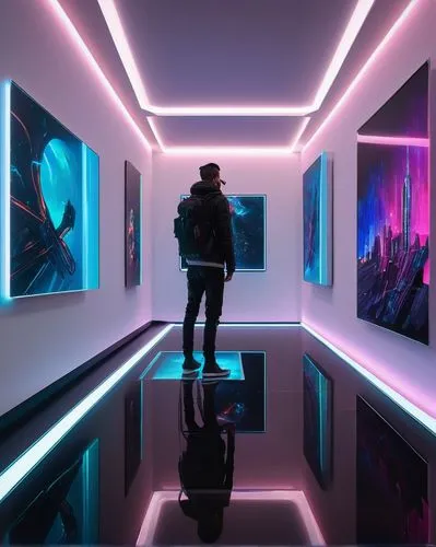 futuristic art museum,mirror house,art gallery,color wall,neon lights,futuristic,exhibited,neon light,blue room,gallery,neon ghosts,hallway,light space,wavevector,digitalism,hallway space,aquariums,aesthetic,art museum,graecorum,Illustration,Realistic Fantasy,Realistic Fantasy 28