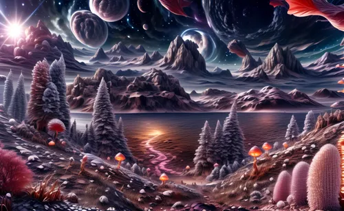 alien planet,alien world,mushroom landscape,fantasy landscape,lunar landscape,mandelbulb,volcanic landscape,ice planet,3d fantasy,futuristic landscape,fractal environment,terraforming,planet alien sky,fantasy picture,planet eart,mushroom island,sci fiction illustration,virtual landscape,fantasy art,volcanic field