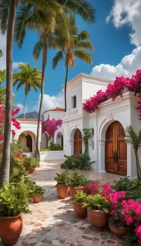 Tropical architecture group, multiple buildings, white stucco walls, red clay tile roofs, lush greenery surroundings, palm trees, bougainvillea flowers, vibrant colors, intricate wooden doors, large w