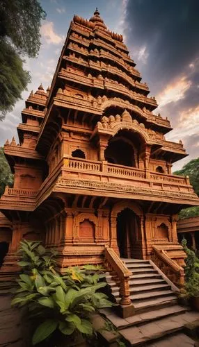 Ancient Ram Mandir, Ayodhya architecture style, intricately carved stone walls, ornate pillars, majestic shikhara, golden kalasha, vibrant red and yellow colors, delicate chakra patterns, serene ambia