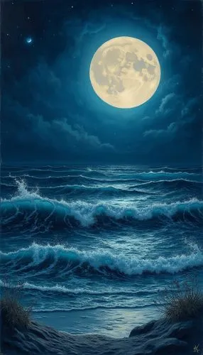 an oil painting of a moon over the ocean,blue moon,sea night,moonlit night,lune,moonlight,ocean background,Photography,General,Realistic