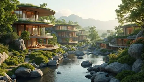 asian architecture,shaoming,fallingwater,amanresorts,floating huts,shangri,shangrila,hushan,floating islands,tigers nest,futuristic landscape,teahouse,teahouses,fantasy landscape,japanese zen garden,zen garden,ecotopia,mountain settlement,house by the water,paradis,Photography,General,Realistic