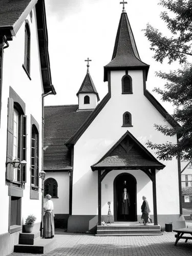 The church bell of the German Protestant congregation lifts up the porch and sets out to the church, sipping a drink from the window. The congregation is dressed in traditional German attire, with the