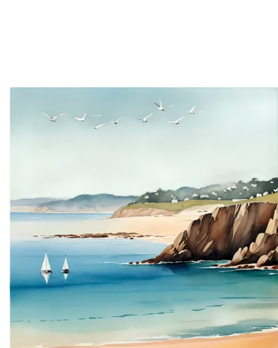 Bay, serene atmosphere, calm turquoise water, sailboats, yachts, seagulls flying overhead, sandy beach, gentle waves, rocky shores, misty morning, warm sunlight, panoramic view, 3/4 composition, soft 