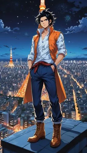 my hero academia,ironworker,skycraper,blue-collar worker,takikomi gohan,goku,son goku,engineer,big hero,kame sennin,2d,above the city,naruto,sakana,anime japanese clothing,roofer,would a background,construction worker,hero,stylish boy,Illustration,Realistic Fantasy,Realistic Fantasy 39